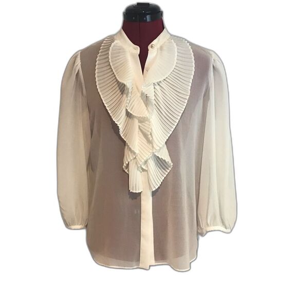 White House Black Market Sheer Cream Ruffle Blouse Women Size Small Pearl Button - Picture 9 of 10